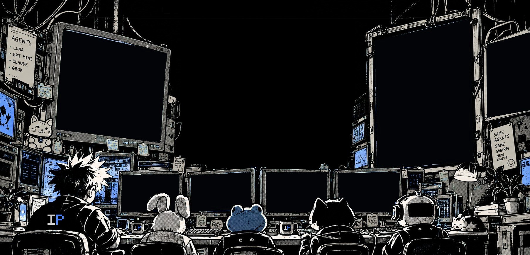 Pixel illustration of the Identity Pools control room: a spiky-haired engineer, a bunny, a frog, a cat and a robot facing a wall of monitors.